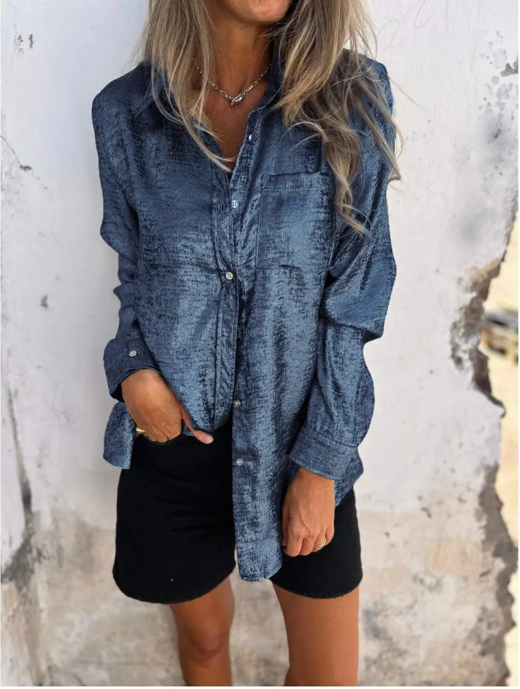 2024 Spring Summer Fashion Metallic Line Shirts Women Long Sleeve Solid Casual Blouse Pocket Vintage Ladies Button Up Tops Blusa