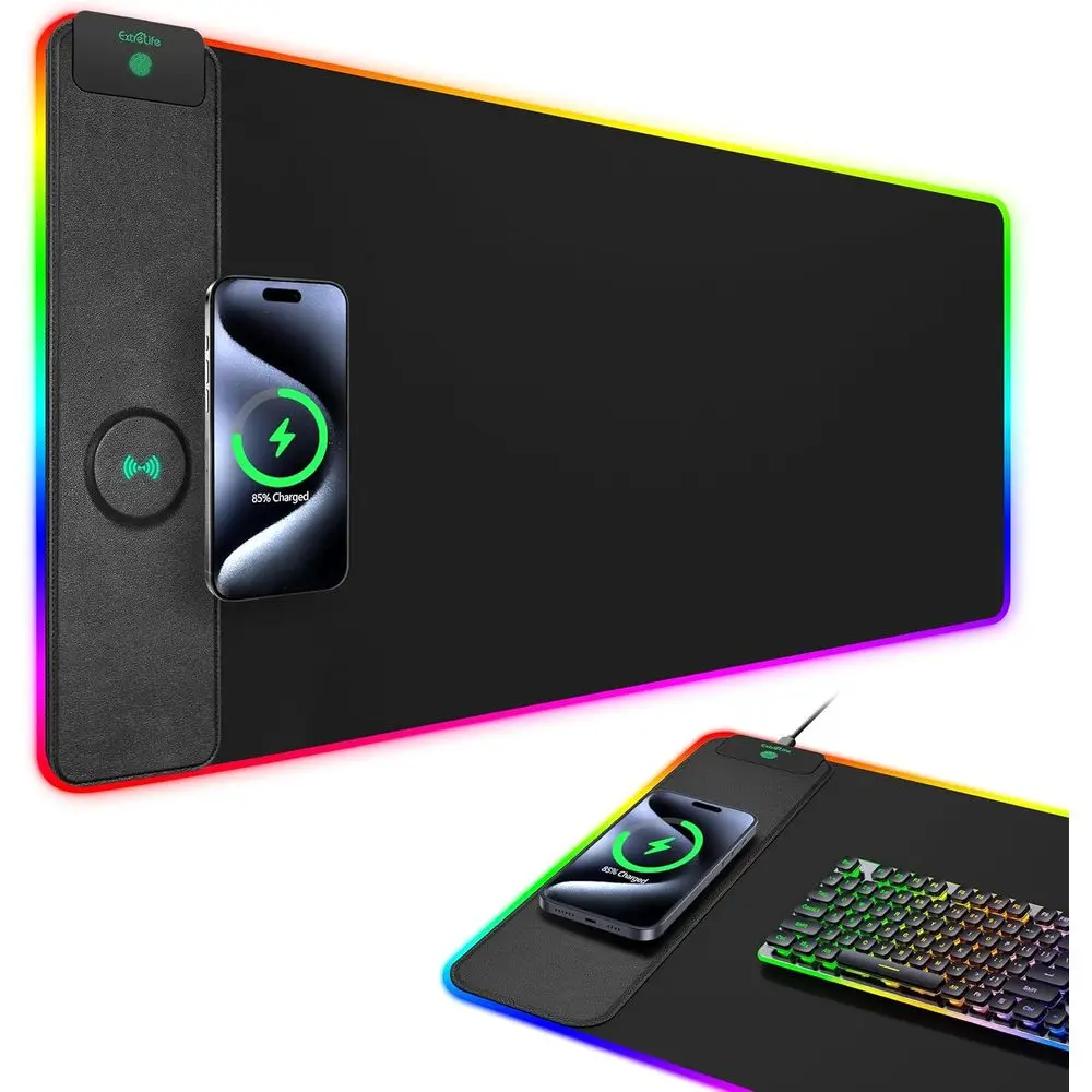 

Large XXL RGB Wireless Charging Desk Mat, 15 Lighting Modes, Smooth & Non-Slip, Waterproof Gaming Mouse Pad, 800x400x4mm, Black