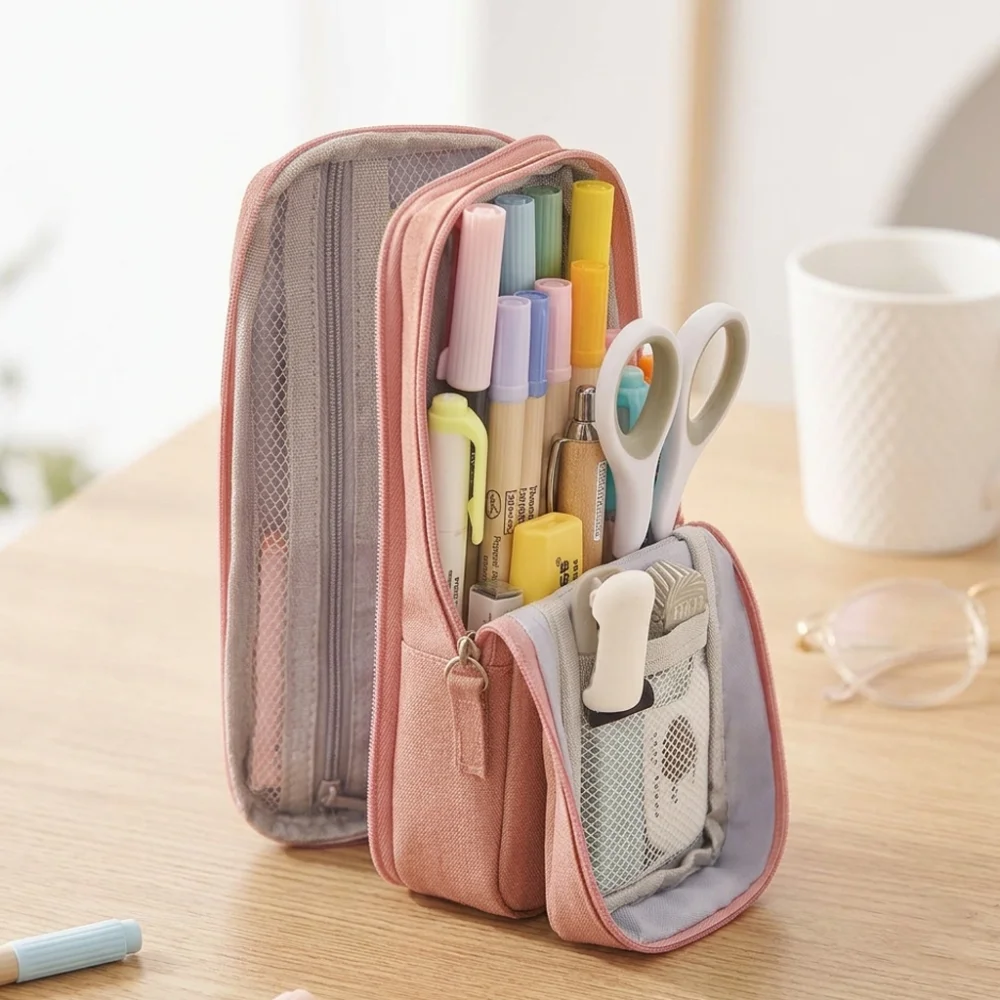 Multi Layer Vertical Pencil Case Large Capacity Pen Pouch Minimalist Portable Storage Bag Stationery Box Organizer School Office