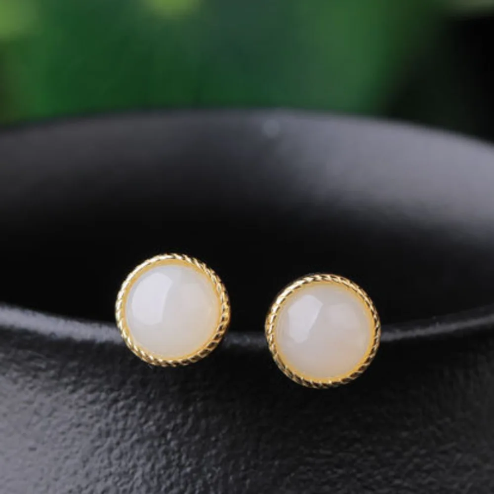 

GL National Trend Ancient Style Hanfu Jade Earrings - 925 Silver Gold-Plated Retro Pattern Inlaid Hetian Jade Studs, Ideal Gift