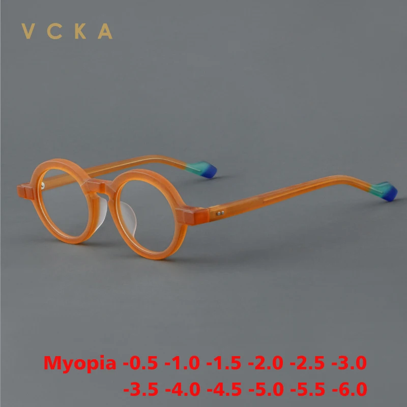 VCKA Small roundAcetate Myopia Eyeglass Frame Men Women Fashion Vintage Optical  Spectacles Prescription Glasses -0.50 to -6.0