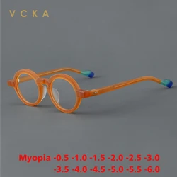VCKA Small roundAcetate Myopia Eyeglass Frame Men Women Fashion Vintage Optical Spectacles Prescription Glasses -0.50 to -6.0