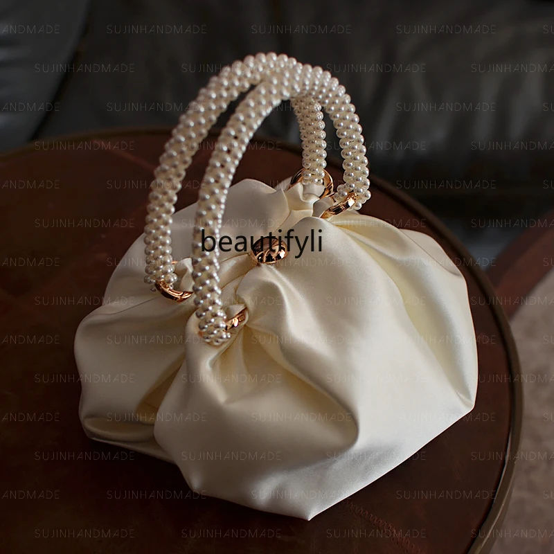 Silk satin pearl handle niche design exquisite retro elegant handbag