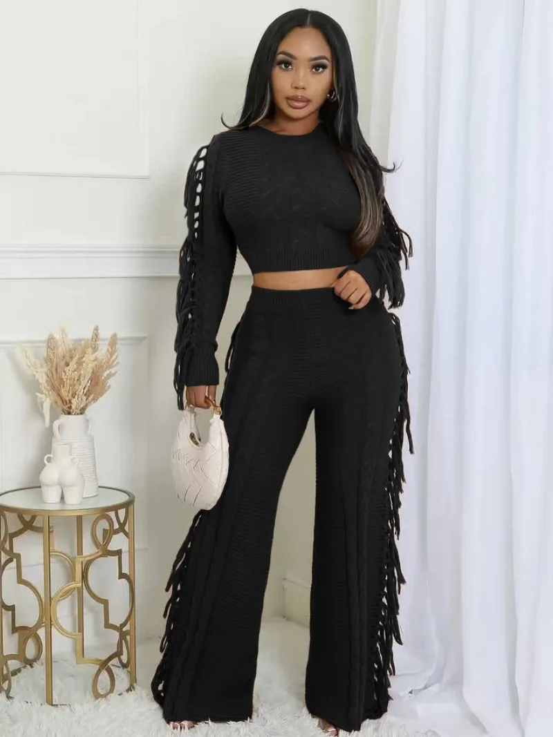 

Tassel Knitted Sweaters 2 Piece Set Women Fall Winter O Neck Long Sleeve Pullovers Crop Tops + Straight Pants Casual Suits