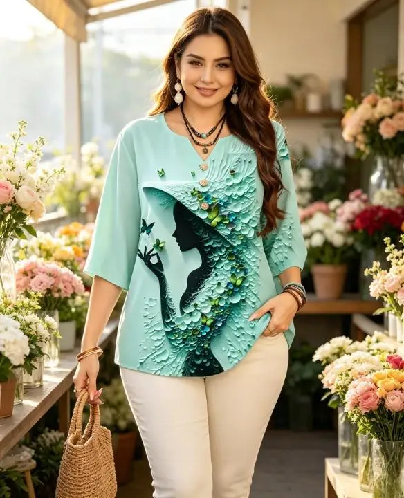 3D Stereo Figure Butterfly Print Women Blouse Notch V Neck Half Button 3/4 Sleeve Casual Daily Tops