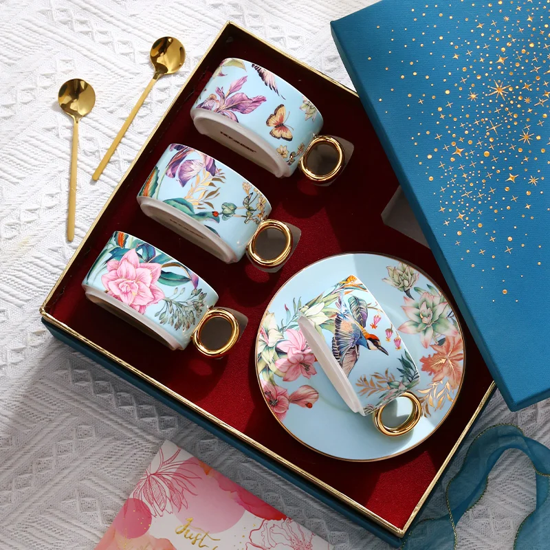 Exquisite Luxury Ceramic Coffee Cups and Saucer Set Bone Porcelain English Afternoon Tea Cup Handheld Gift Box for Couples