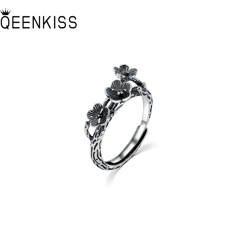 QEENKISS RG6745 Fine Jewelry Wholesale Fashion Woman Girl Birthday Wedding Gift Retro Plum Bossom 925 Sterling Silver Open Ring