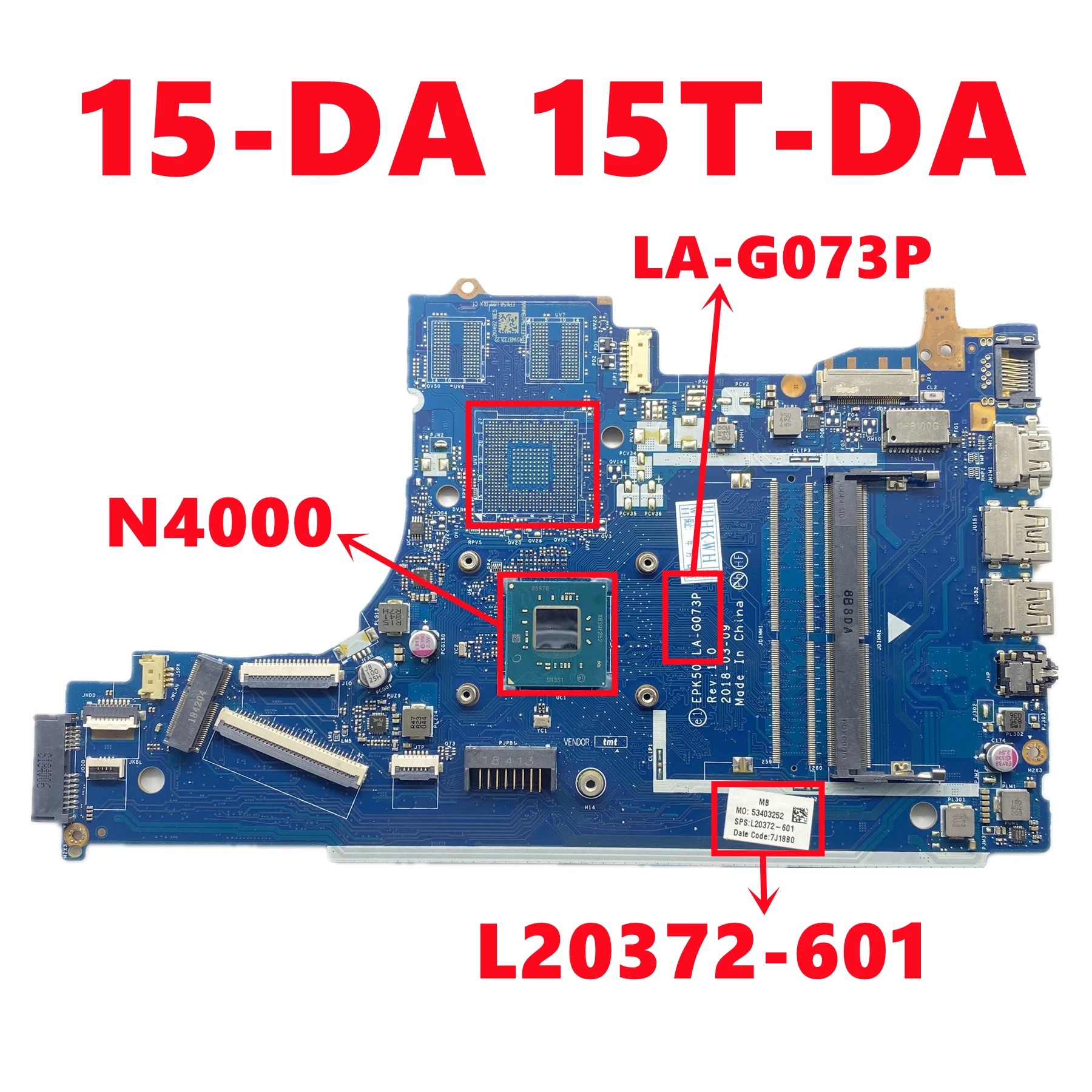 Placa base L20372-601 EPK50 LA-G073P para placa base de ordenador portátil HP Pavilion 15-DA 15T-DA con CPU N4000 DDR4 UMA 100% probado OK