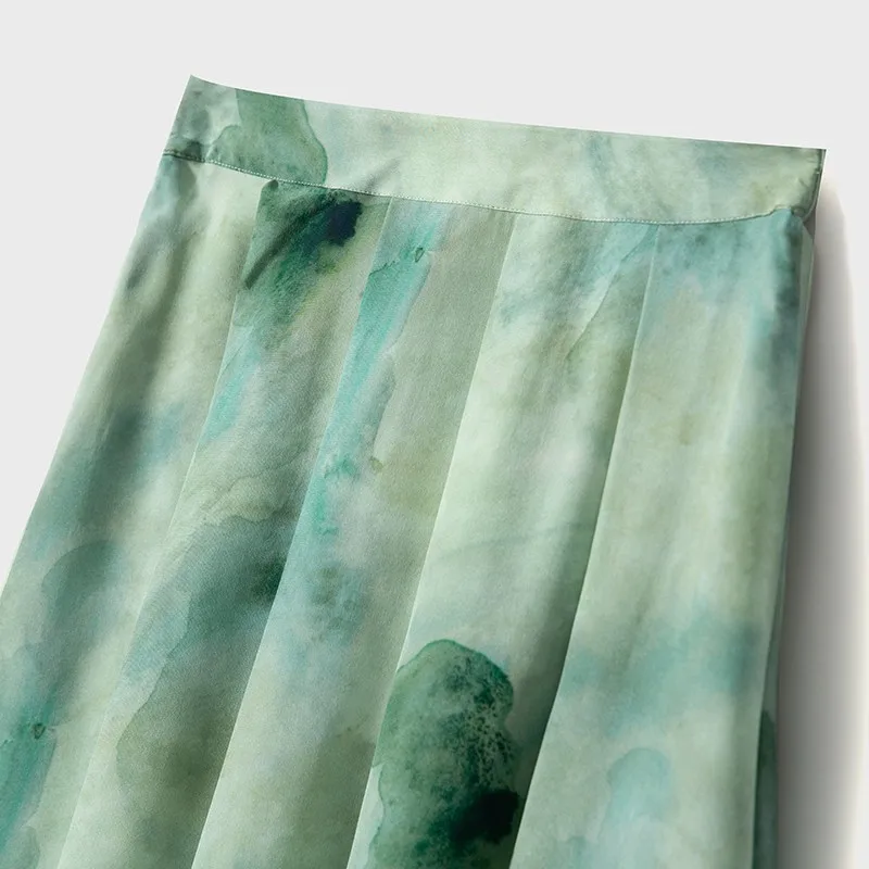 High Quality Chinese Style Ink Painting Silk Skirt Female Gentle Graceful Pleated Midi Summer