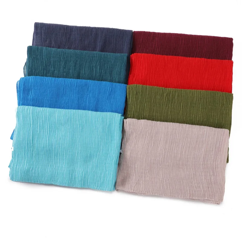 Solid Color Voile Cotton and Linen Pleated Scarf Polyester Crumpled Lightweight Breathable Headcloth Women's Shawl