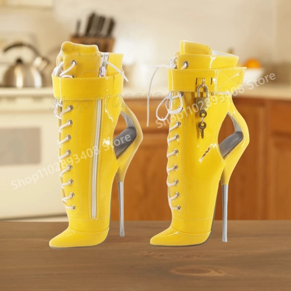 

Yellow Shiny Leather Pointy Ankle Boots Lock Decor Front Lace-up Stiletto High Heel Fashion Women Shoes 2024 Zapatos Para Mujere