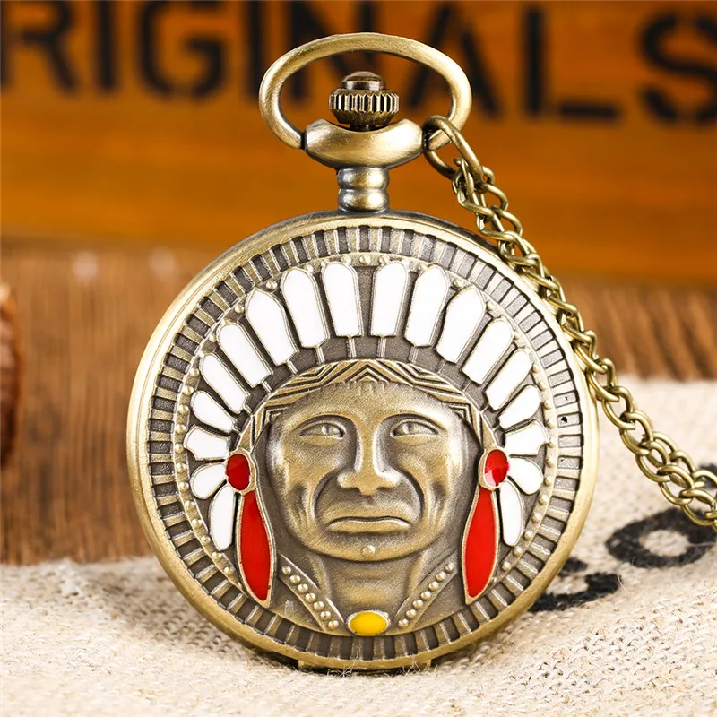 Old Fashion Indian Man Design Men Women Quartz Analog Pocket Watch Arabic Number Sweater Necklace Chain Retro Timepiece Gift