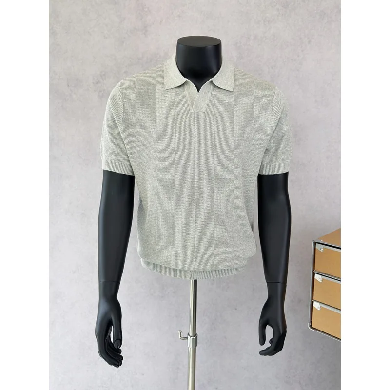 Minimally Seagull Collar Knitted Polo Shirt Men Solid Color Loose Short Sleeve Casual T-shirt Business Office Social Polo Shirts