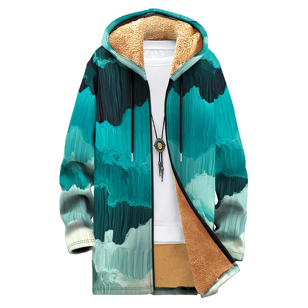 Winter Long Parka Printed Cardigan Coats Fleece Lined Trendy Colors Gradient Hooded Jacket Warm Outerwear Oversize Men Women