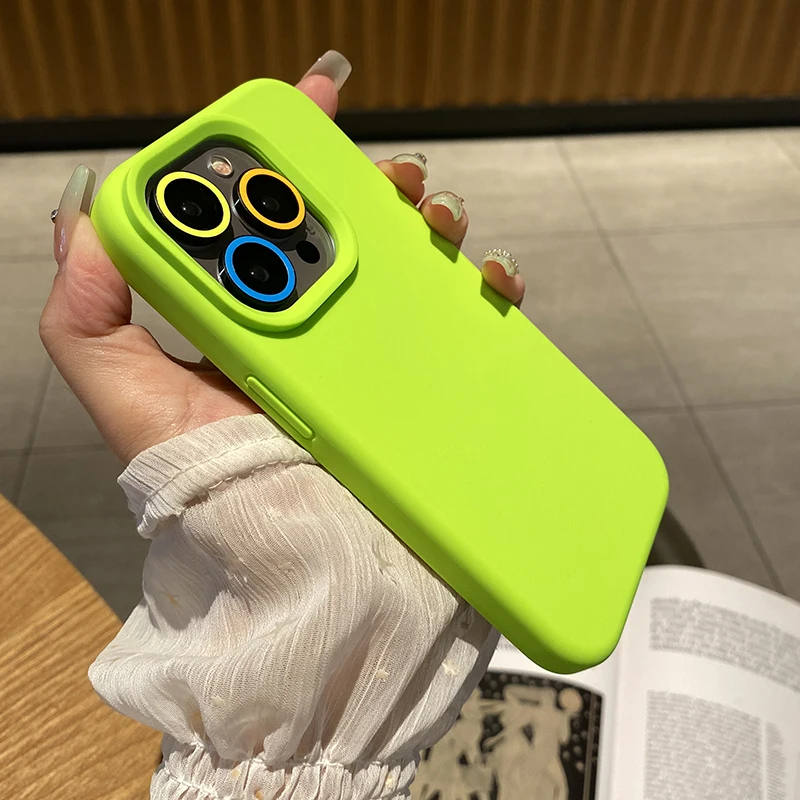 

Neon color lens protector Matte Liquid Silicone Case for iphone 15 14 13pro 14pro 15 Pro max solid color shockproof back cover