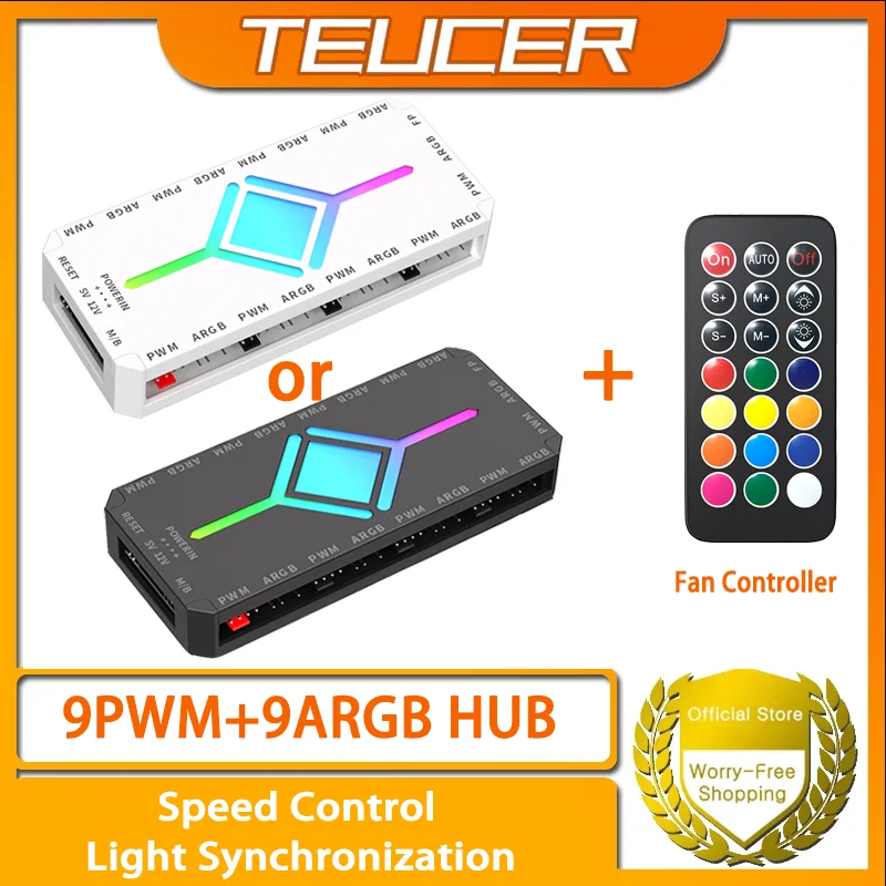 

TEUCER J-9 ARGB 4-контактный ШИМ-концентратор, синхронизация света, 5 В, 3-контактный RGB, скорость компьютерного вентилятора ​ ​ Управление беспроводным пультом дистанционного управления