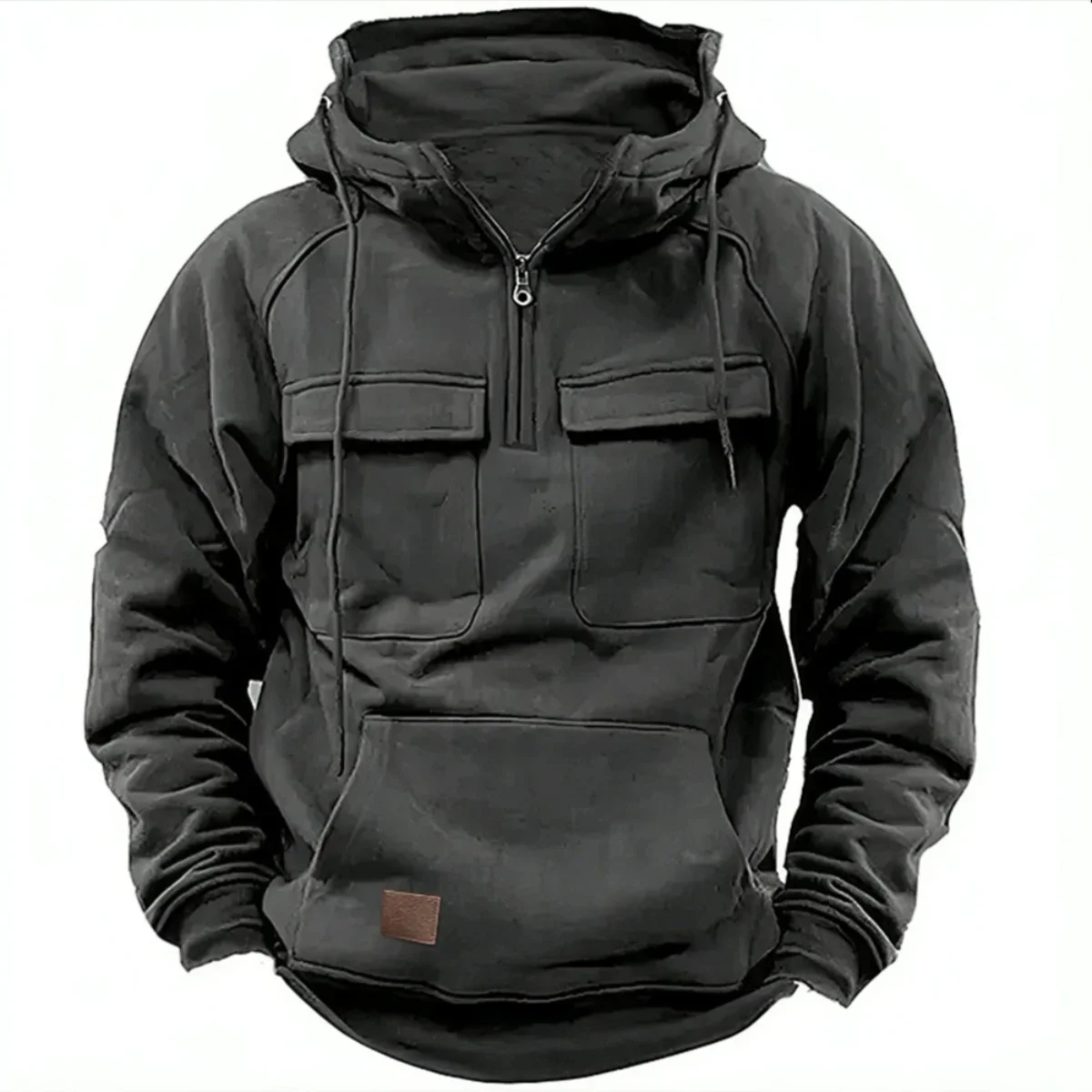 Men's Half-Zip Hooded Sweatshirt Vintage Washed Distressed Workwear Style Large Pockets Kangaroo Pocket Loose Casual Top Dark Bl