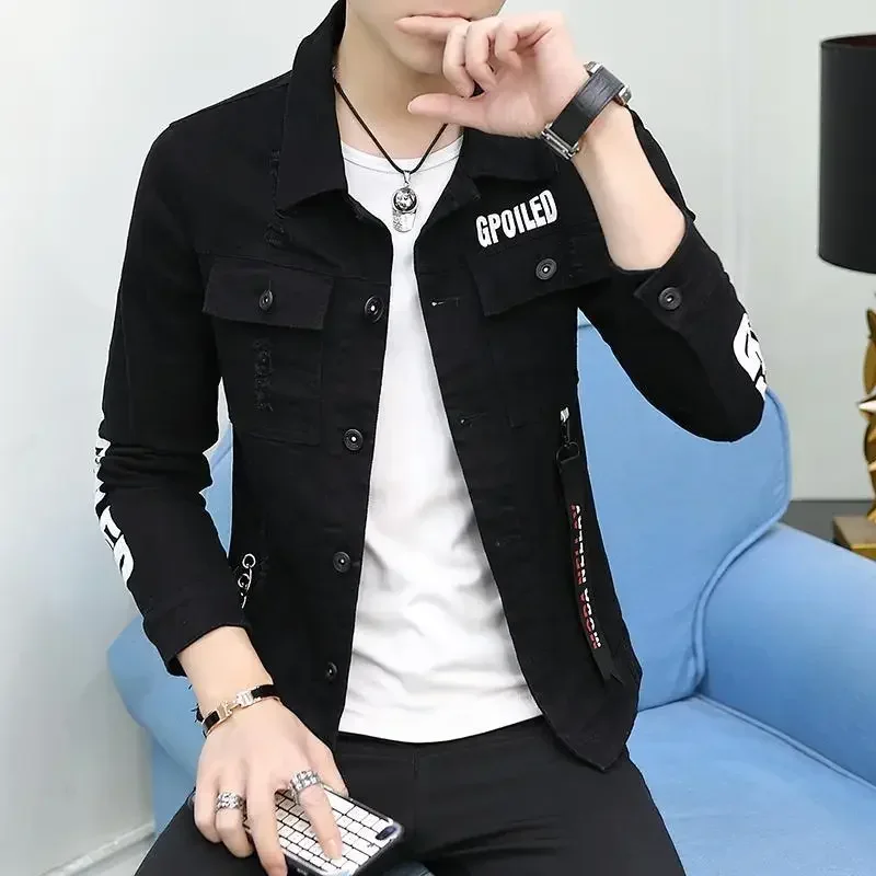 Denim Jackets Man Casual Slim Short Jeans Coat for Men Ripped with Hole Red Print Vintage Winter 2025 Big Size of Fabric Joker L