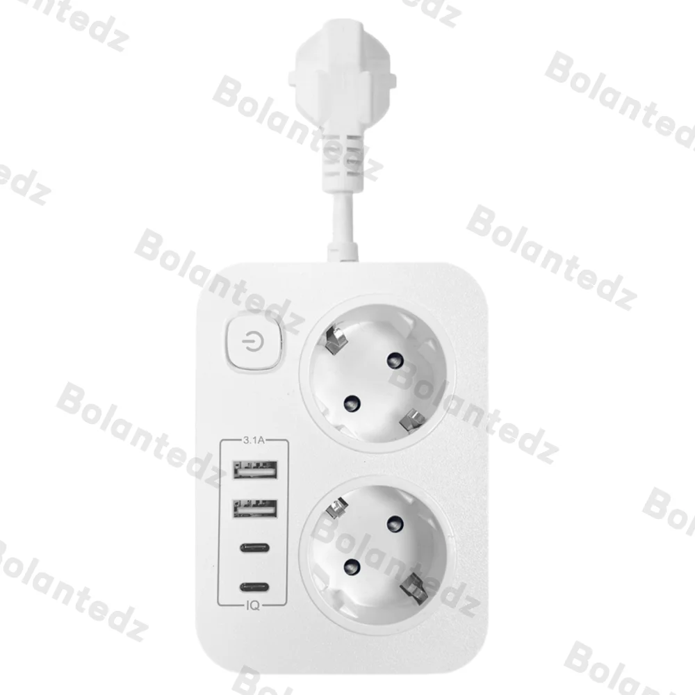 Bolantedz EU Plug 3250W 13A 250V Safety Switch European Power Strip 2 Schuko Power Socket Board with 2 USB and 2 Type-C Ports