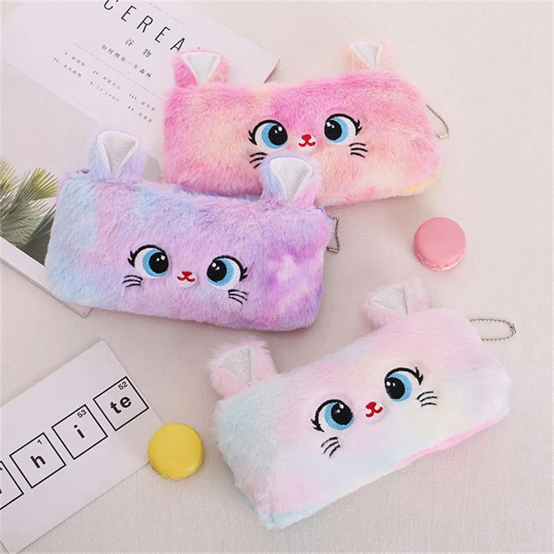 Bonito Gradiente Cor Gato Plush Pen Bag para Meninas, Estojo de grande capacidade, Coração Papelaria Fornecimento, Saco De Armazenamento, Porta-moedas, Novo Cartoon