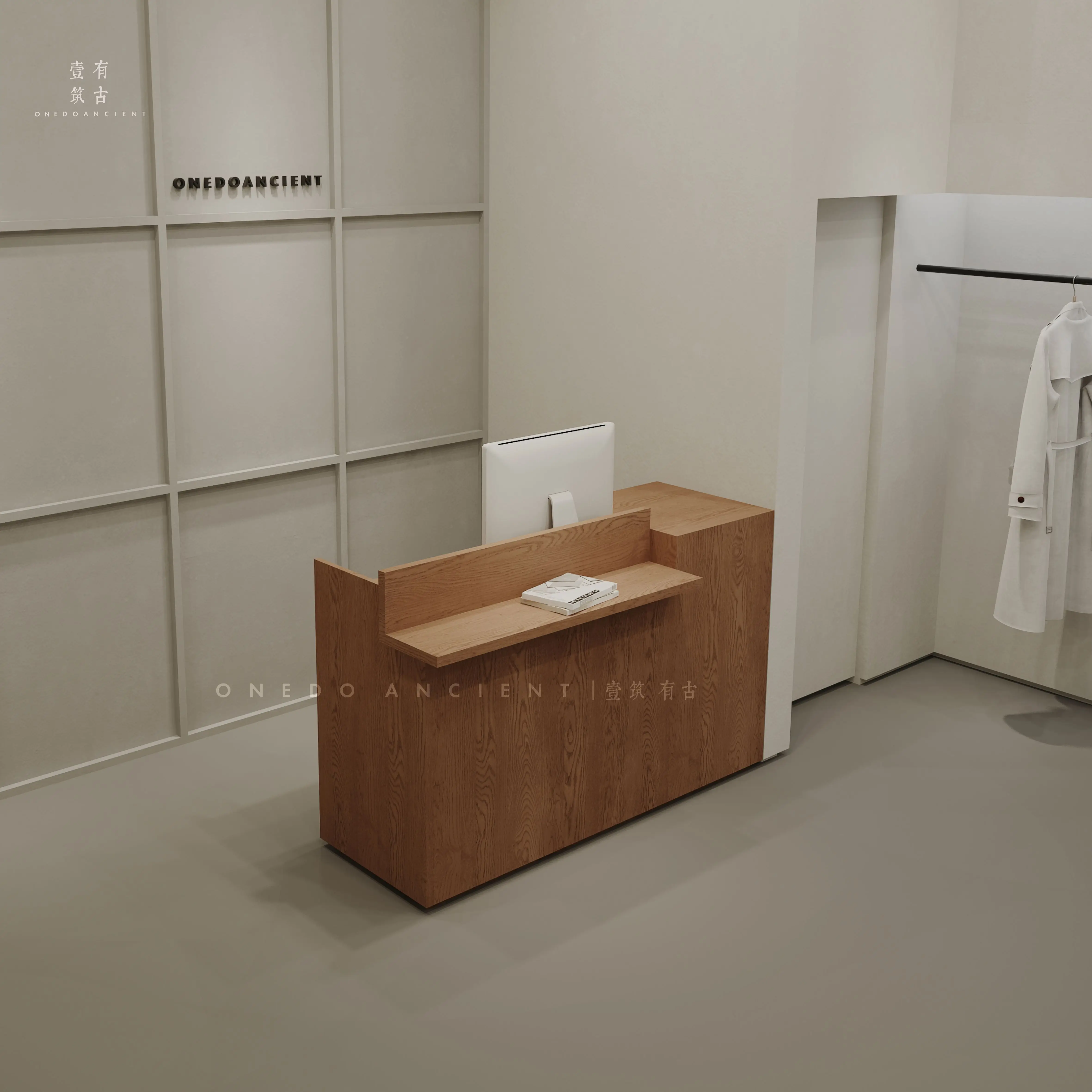 Simple modern clothing store checkout page Painting front desk Reception desk Small bar table Women's