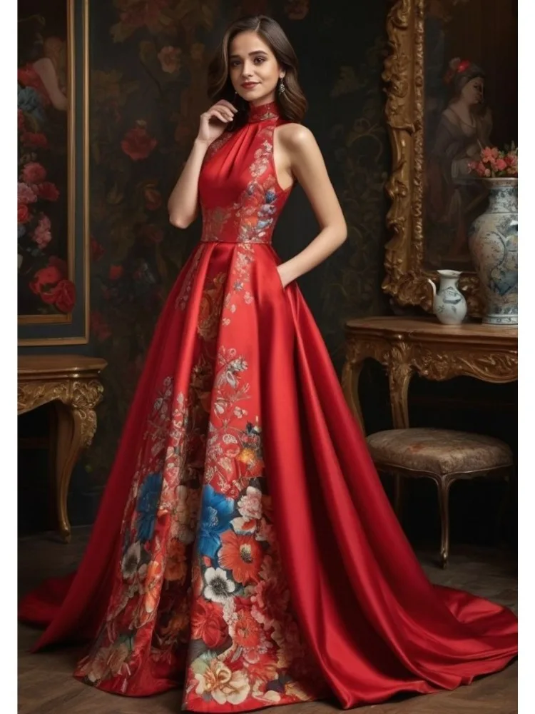 Luxuriöses Rotes Satin-Abendkleid mit Blumenmuster, Elegantes Neckholder-Kleid mit Rückenausschnitt, Vintage Hochwertiges Hochzeitsgast-Partykleid