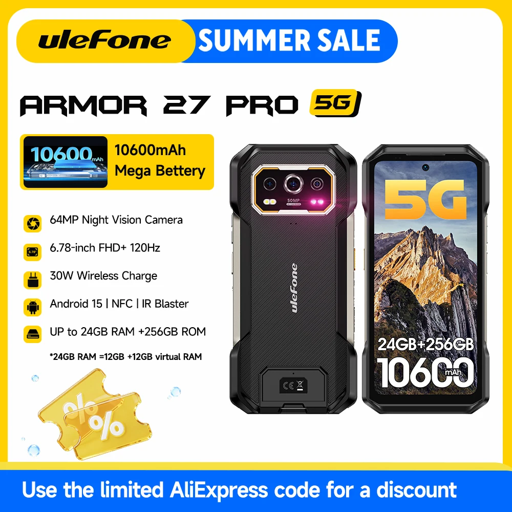 Ulefone Armor 27 Pro 5G Wytrzymały telefon 10600mAh Smartfon 50MP Kamera 64MP Noc Android 15 Do 24GB+256GB NFC Wodoodporny telefon