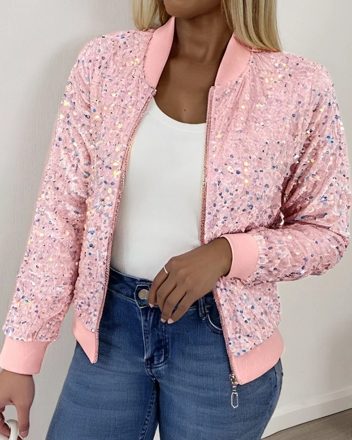 

Full version sequined baseball collar jacket with zipper casual jacket, fashionable and casual 2024 autumn women's clothing