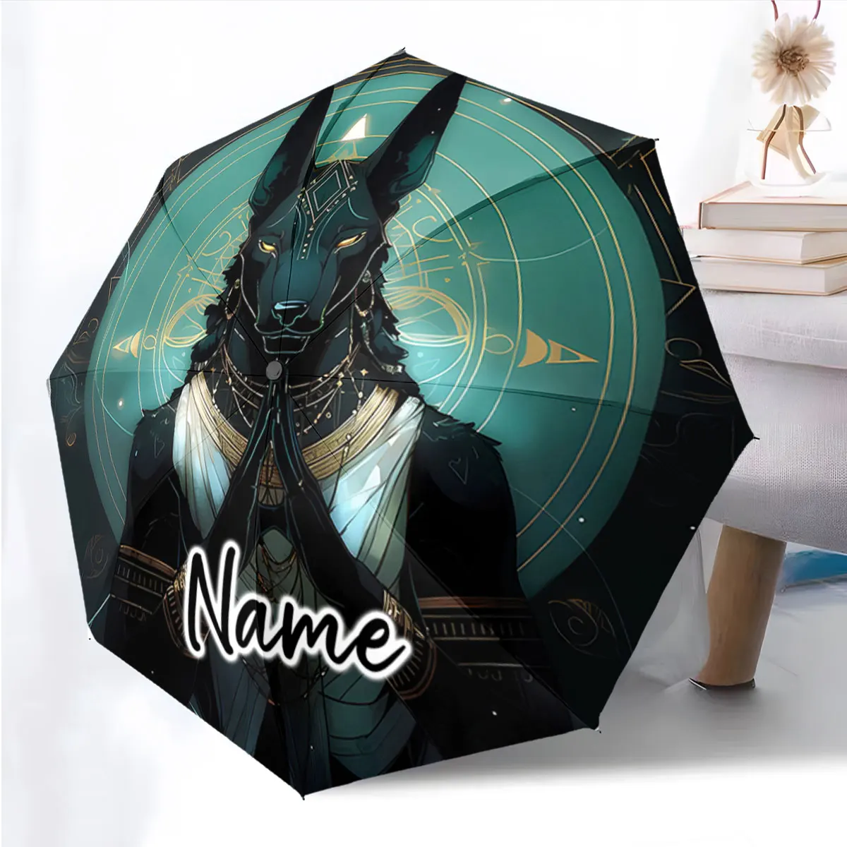 Custom Name Umbrella Ancient Anubis Design Adorns Stylish Umbrella 8 Iron Ribs Folding Umbrella Auto-Open Fashion Sunshade