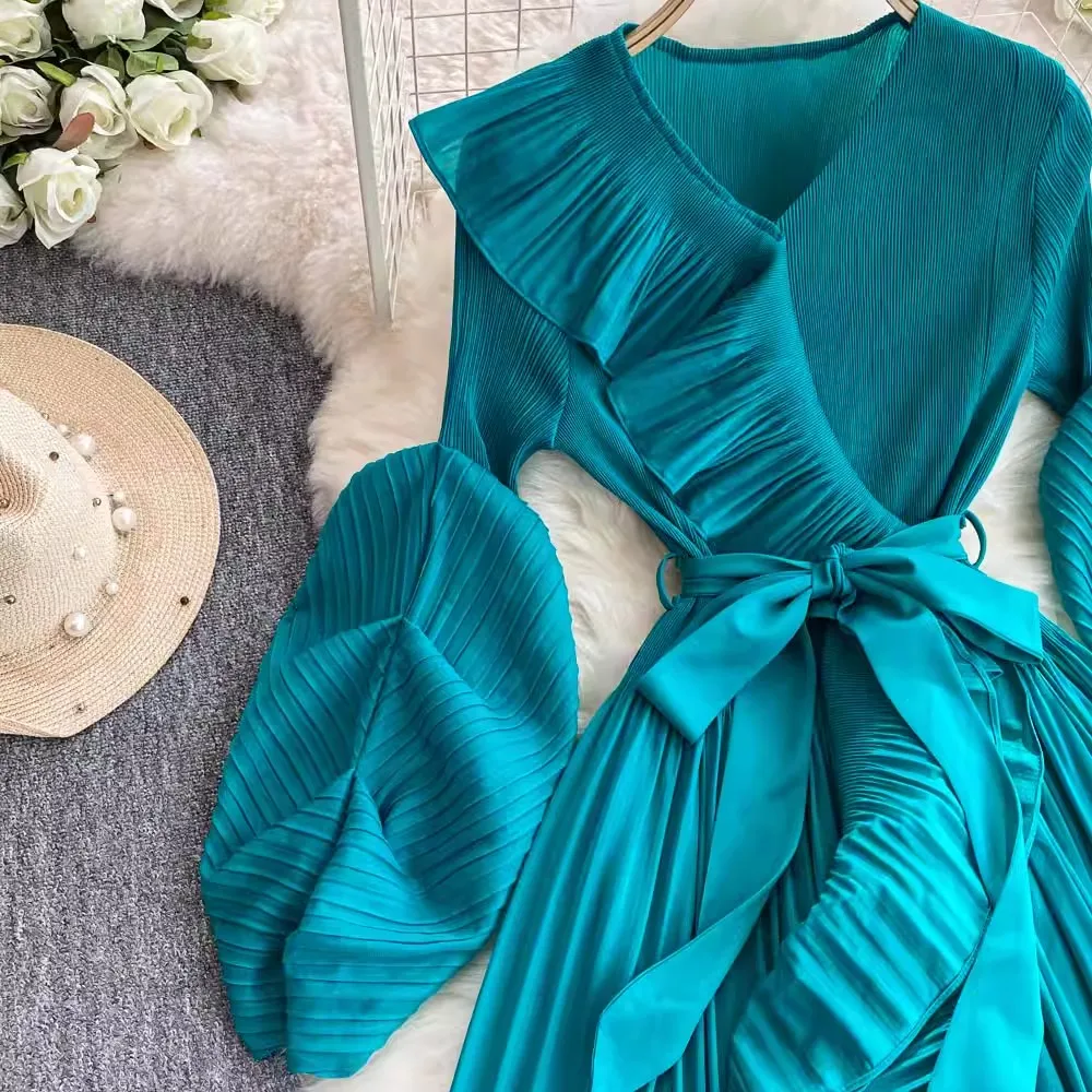 Summer Holiday Miyake Pleated Dress Women's V-Neck Long Lantern Sleeve Lace Up Elastic Oversized Ruffles Boho Robe Loose Vestido