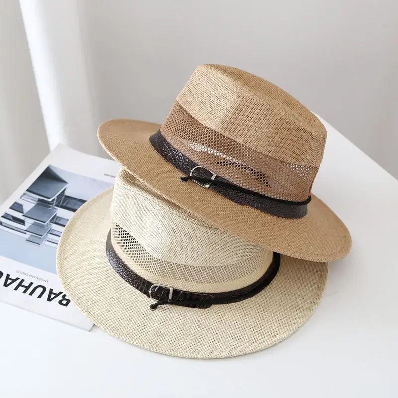 Summer men\'s hat hollow mesh straw beach hat breathable old man cool outdoor sun protection straw beach hat