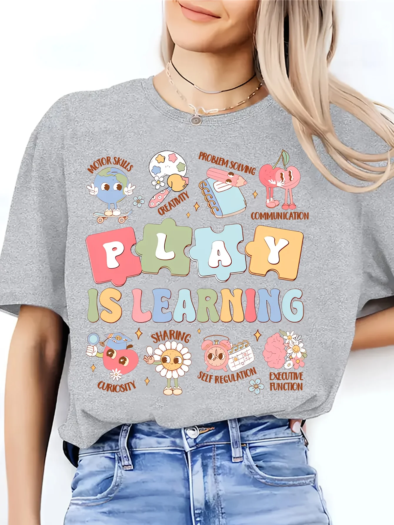 2025 اللعب الجديد هو نمط التعلم المطبوعة للجنسين الشارع موضة الاتجاه قصيرة الأكمام القطن الخالص جولة الرقبة قصيرة الأكمام قميص