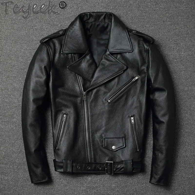 motor Tcyeek.sales.classic biker genuine jacket.slim real cowhide coat.fashion vintage leather clothing.plus size