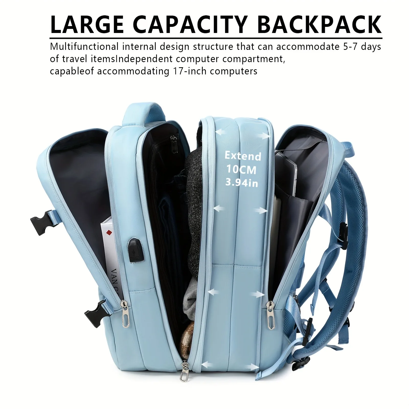 Large capacity lightweight backpack with laptop compartment and ports - compatible with 15.6-inch tablets/15 inch laptops, thick