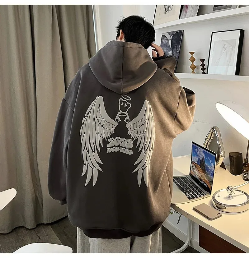 Autumn Winter Streetwear Y2K Men Hoodies Angel Wings Printed Oversized Casual Hooded Sweatshirts Male Fashion Unisex Pullovers