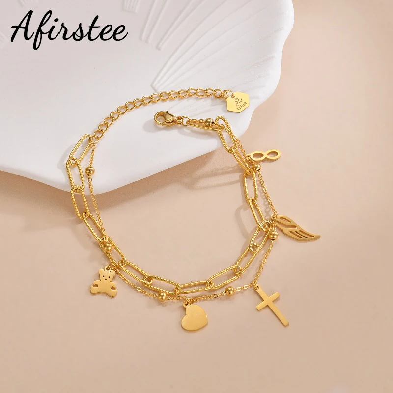 

High Quality Popular Stainless Steel Star Moon Heart Rhinestone Bracelet Multi-element Double Layer Chain Women Girls Jewelry
