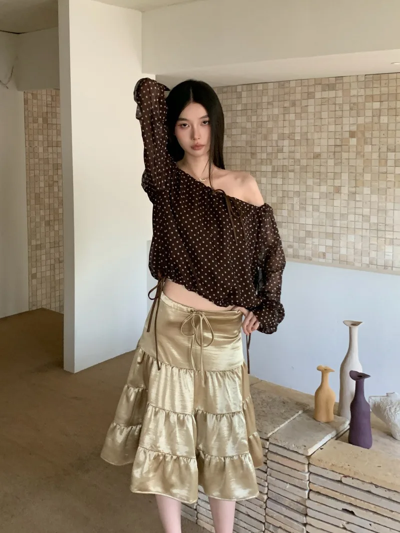 

Brown Polka Dot Long Sleeve T-Shirt Top with Drawstring Waist Half Skirt Layering A-Line Women's Fashion French Style Multi-Wear