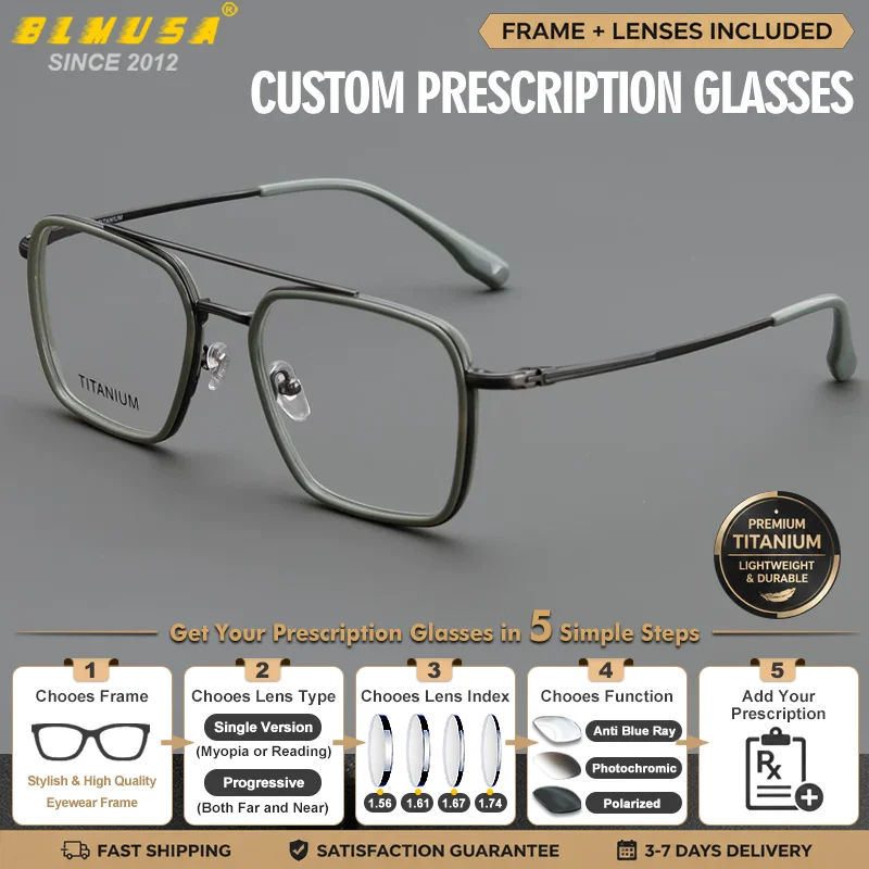 BLMUSA Nouvelles Lunettes de Myopie Sportives Anti-Lumière Bleue pour Hommes, Monture Pilote, Verres Photochromiques Progressifs sur Mesure