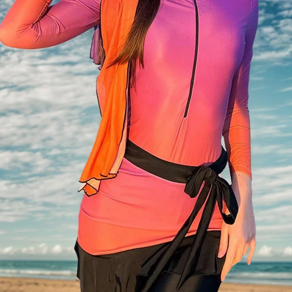 Modest Muslim Burkini 4‑Pcs Swimsuit Gradient Purple Orange Long Sleeve Zip Skirt Pants Hijab Conservative Women Beach Swimwear