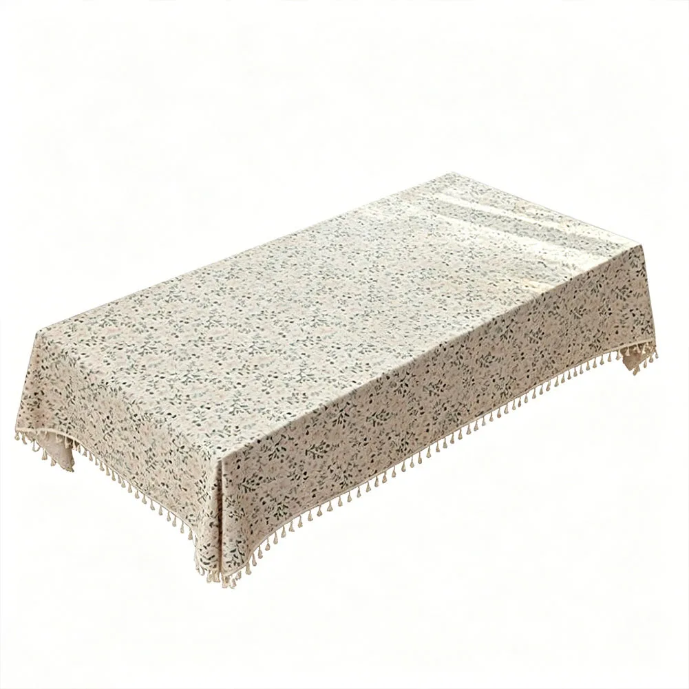 Tassel-Trimmed Tablecloth in Polyester with Imitation Cotton Linen Finish Designed for Dining and Coffee Tables