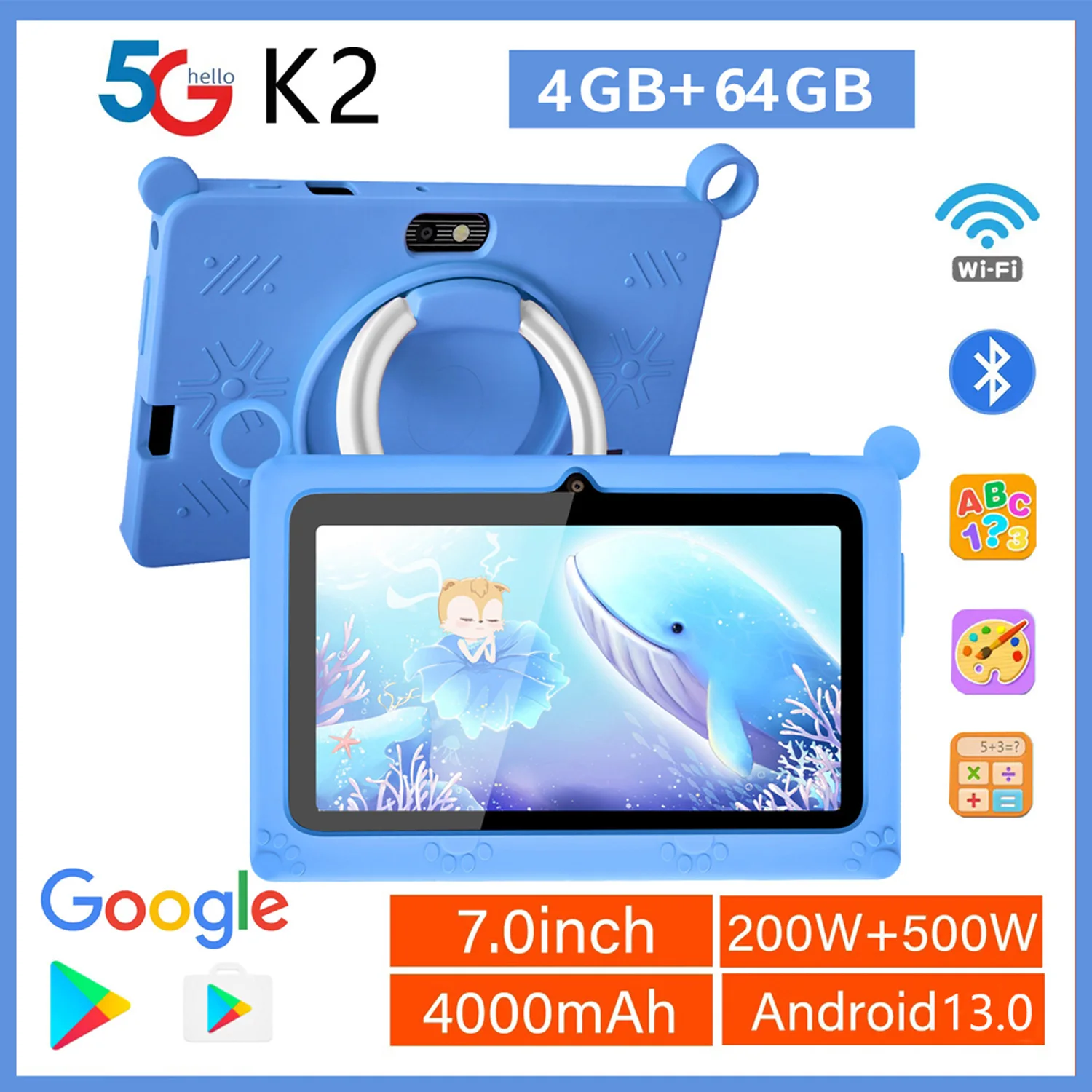 BDF K2 New 5G Kids Tablet 7 Inch Quad Core 4GB RAM 64GB ROM Android 13 Google Learning Education Games Tablets WiFi Bluetooth