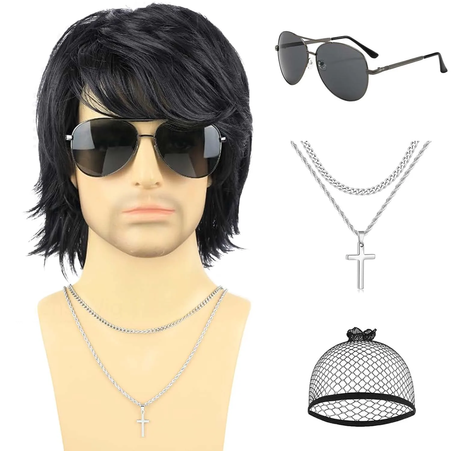 Pelucas negras cortas sintéticas para hombres, peluca natural esponjosa resistente al calor de los años 70 y 80 para cosplay, fiesta diaria de Halloween, peluca multicolor