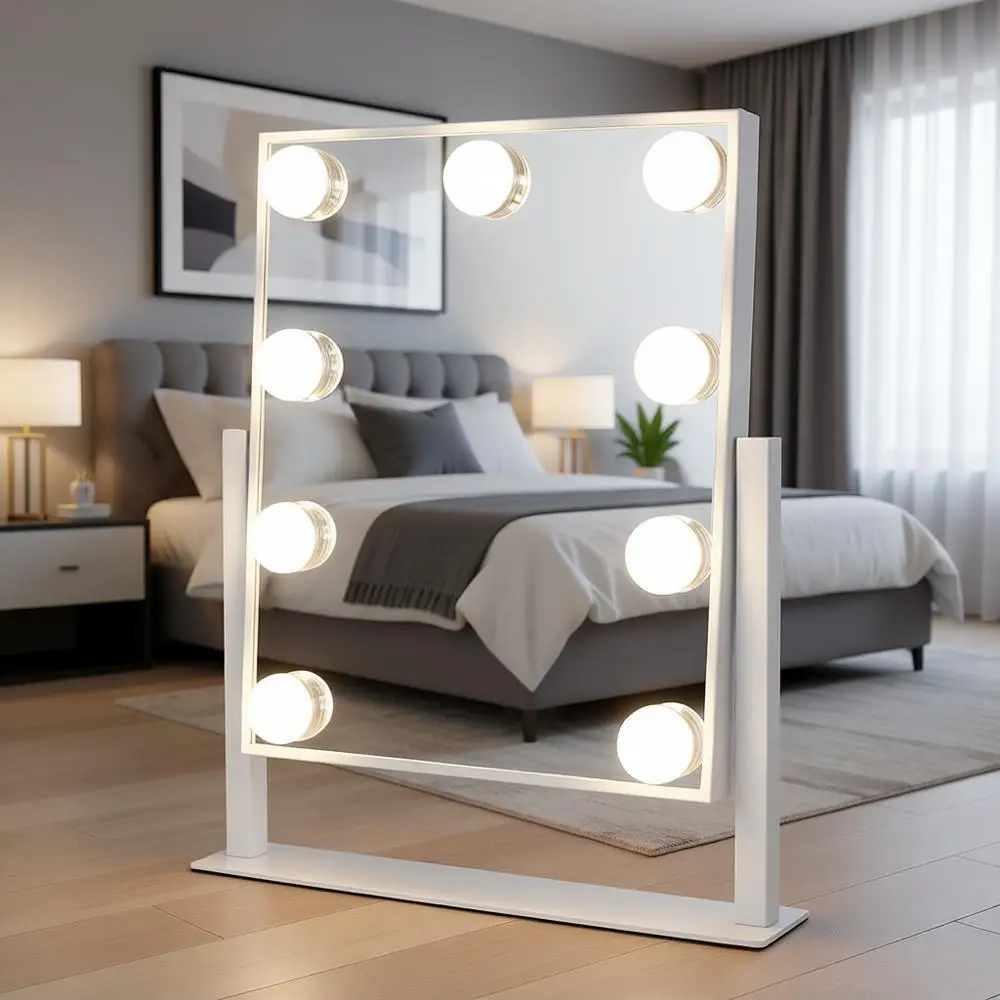 

Illuminated Vanity Mirror with 9 Adjustable Bulbs, 3 Color Modes, 5X Magnification, Touch Control, 360° Swivel (White)