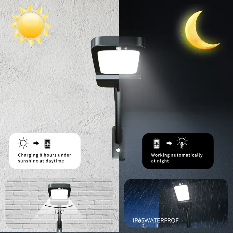 Outdoor Solar Lamp with Motion Detector Solar Powered Wall LED Lights 4 Modes Lighting Security Flood Lighting for Garden Fence