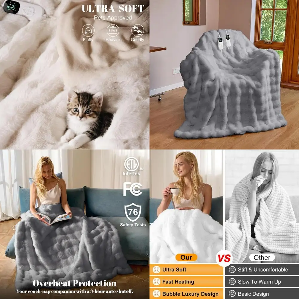 

Queen Size Electric Heated Blanket 84x90, Luxe Rabbit Fur, Adjustable Timer, Overheat Safeguard, Fast Warming, Memory Function,