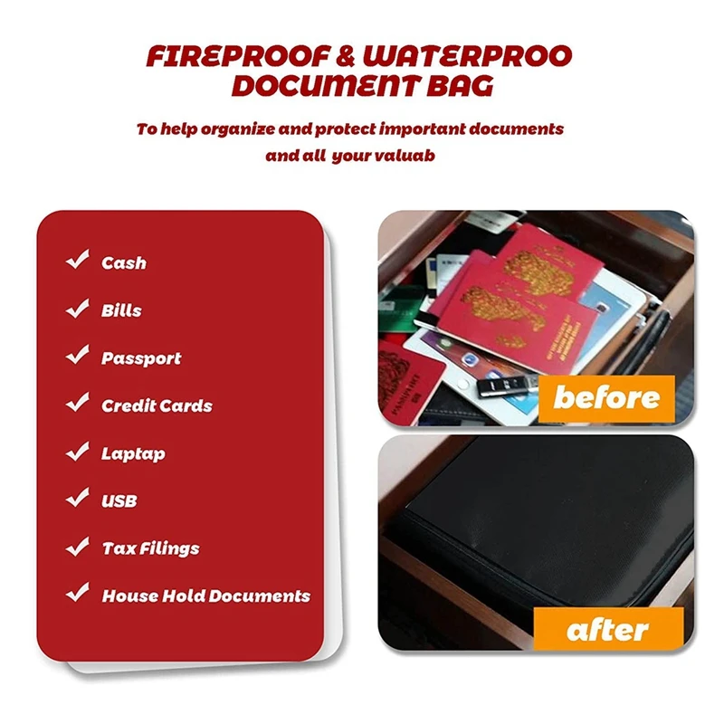 Fireproof File Organizer Bags,Fireproof And Waterproof Document Box With Money Bag, Fireproof Safe Bag With Lock