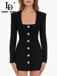 LD LINDA DELLA Autumn and winter New Style  Vintage Designer Coat Women Black Square Collar Single-breasted Slim Fit Short Coat