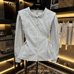 Women Clothing Vintage Fashion Striped Print Ruffled Shirt Office Lady Elegant Chic Commute Blouse O Neck Long Sleeve Slim Tops
