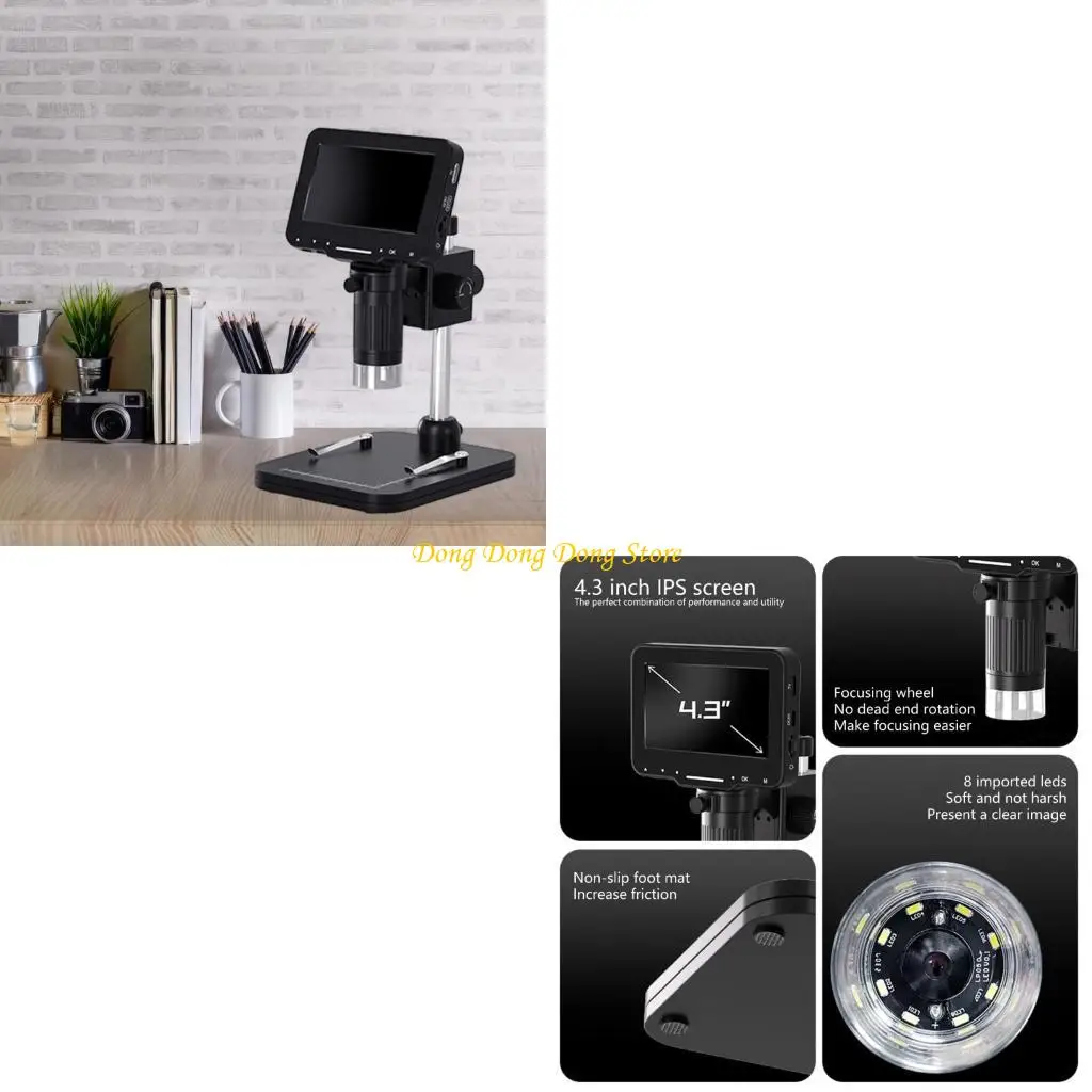 4XBA 4.3In Screen Digital Microscope 1-1000X Magnification Zoom PC View Coin Microscope Magnifier with 8 Adjustable LED Light