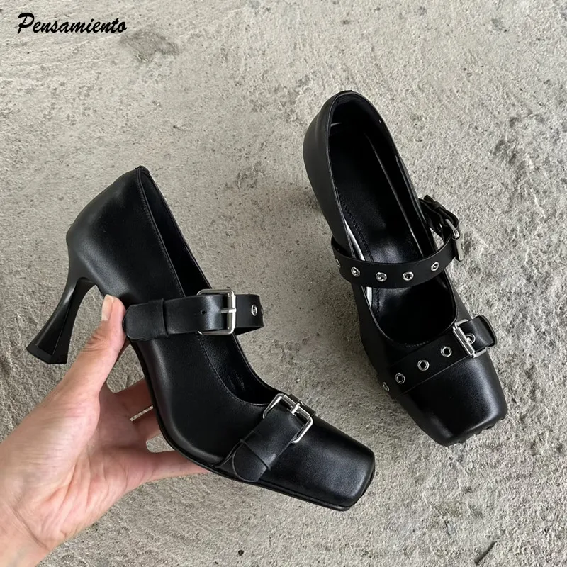 

Vintage Square toe Patent Leather Strap Buckle Women Pumps Ballet Style Fashion Rivet Mary Janes High heels Punk Loafers Shoes